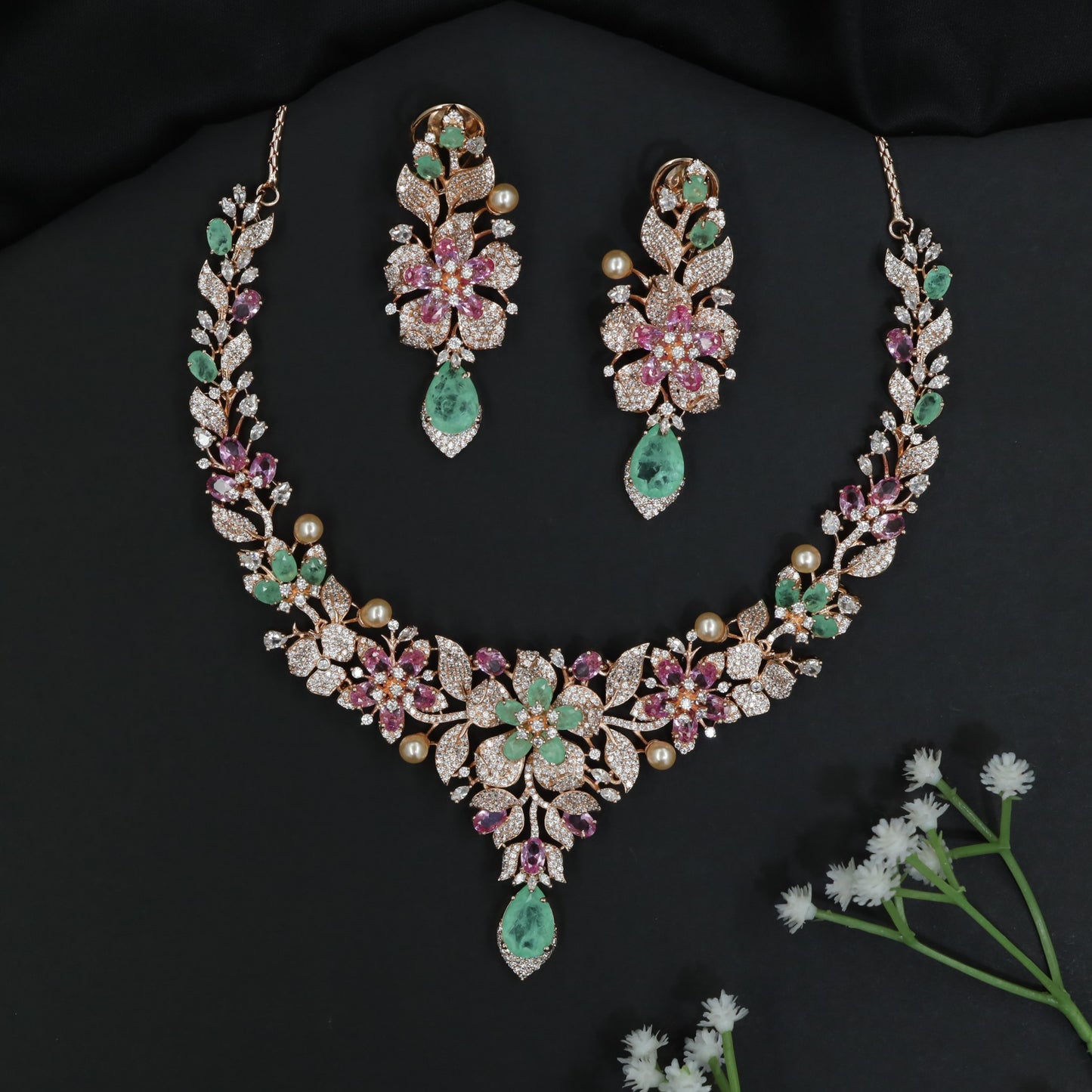 Blossom Motif Rose Gold Necklace Set with Leaf Framework