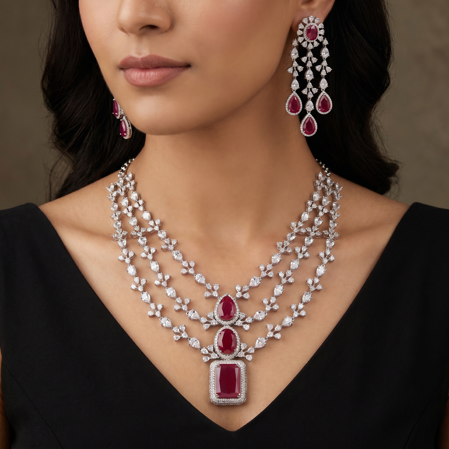 Traditional detailed multi-layer Gj necklace set with matching long hanging earrings