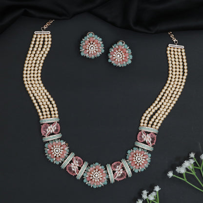 Decorative Floral Rose Gold Beads Necklace Set with Matching Studs