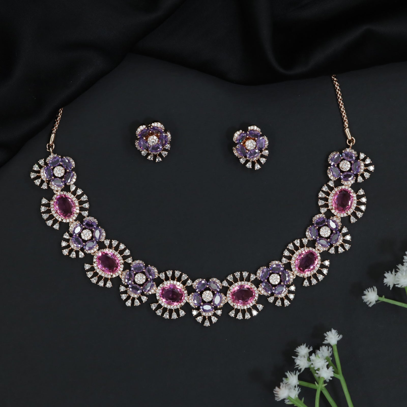 Blossom Cluster Crystal Rose Gold Necklace Set with Decorative Halos
