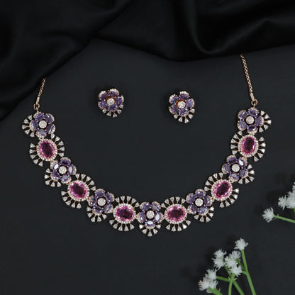 Blossom Cluster Crystal Rose Gold Necklace Set with Decorative Halos