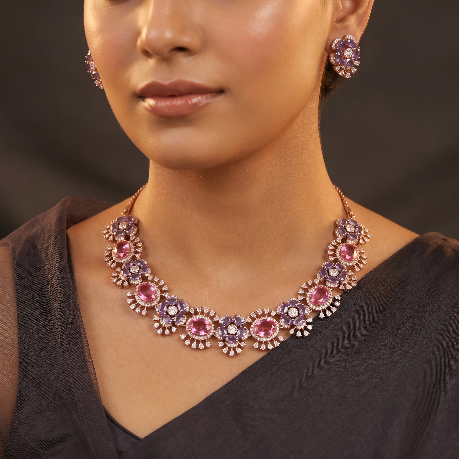 Blossom Cluster Crystal Rose Gold Necklace Set with Decorative Halos