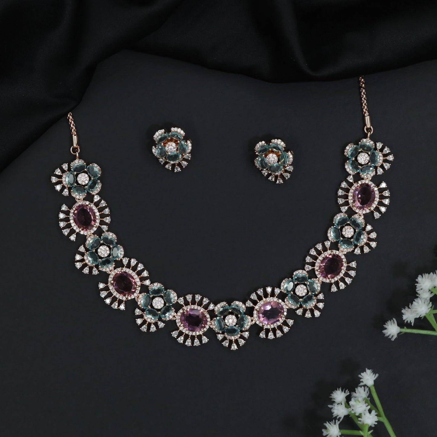 Blossom Cluster Crystal Rose Gold Necklace Set with Decorative Halos