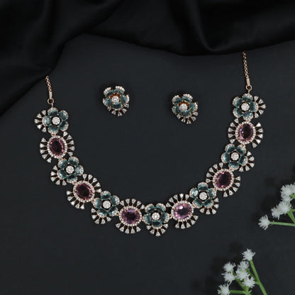 Blossom Cluster Crystal Rose Gold Necklace Set with Decorative Halos