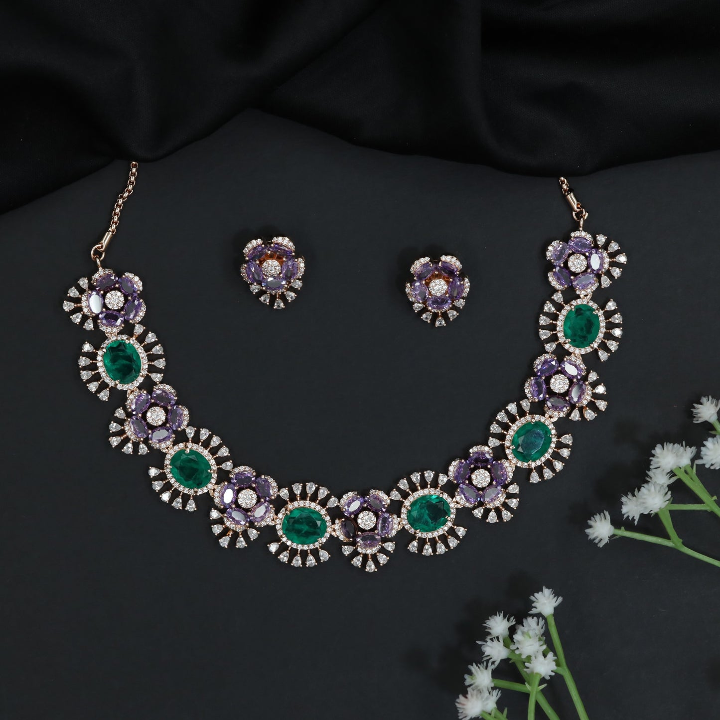 Blossom Cluster Crystal Rose Gold Necklace Set with Decorative Halos