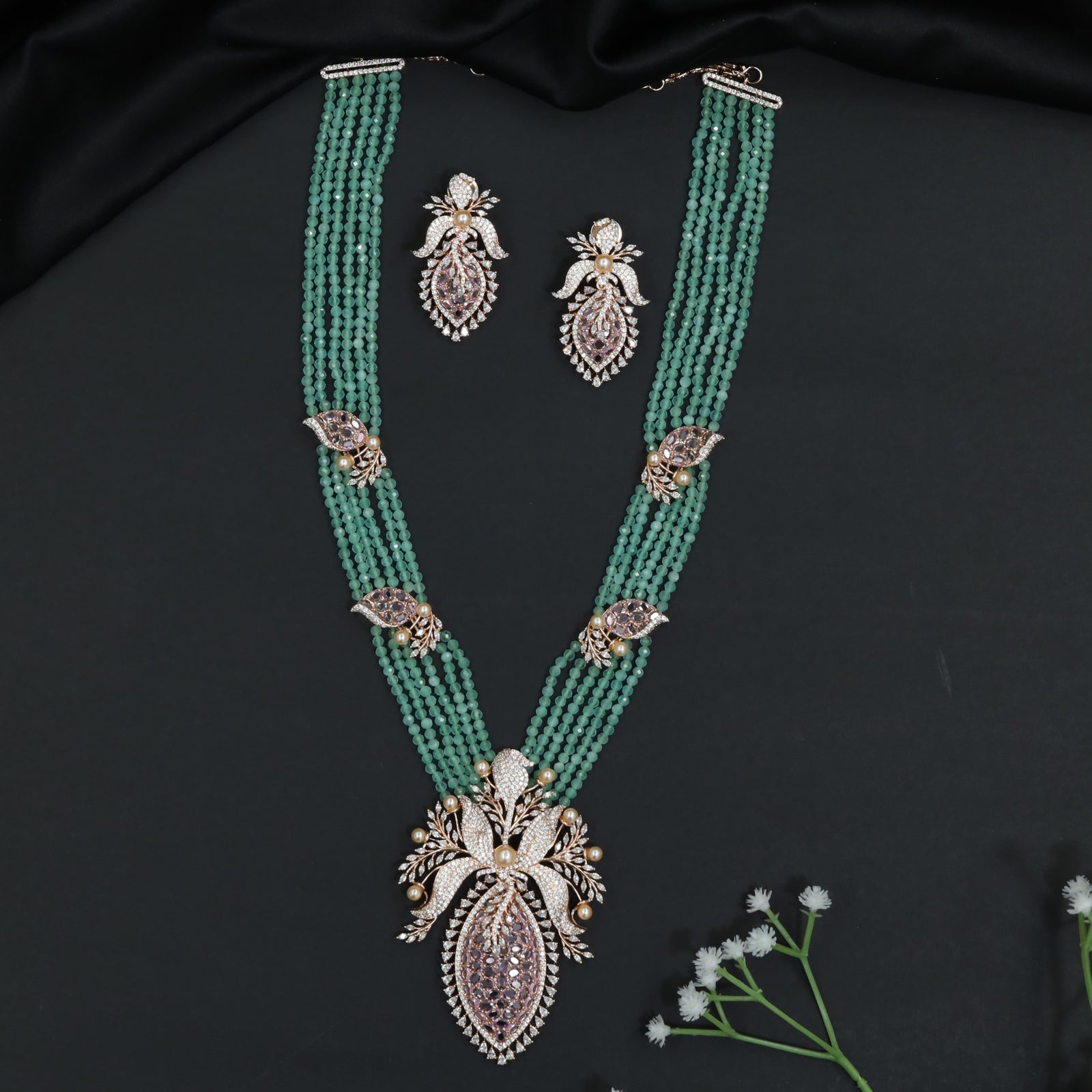Garden Inspired Rhodium Beads Necklace Set with Ornamental Pendant
