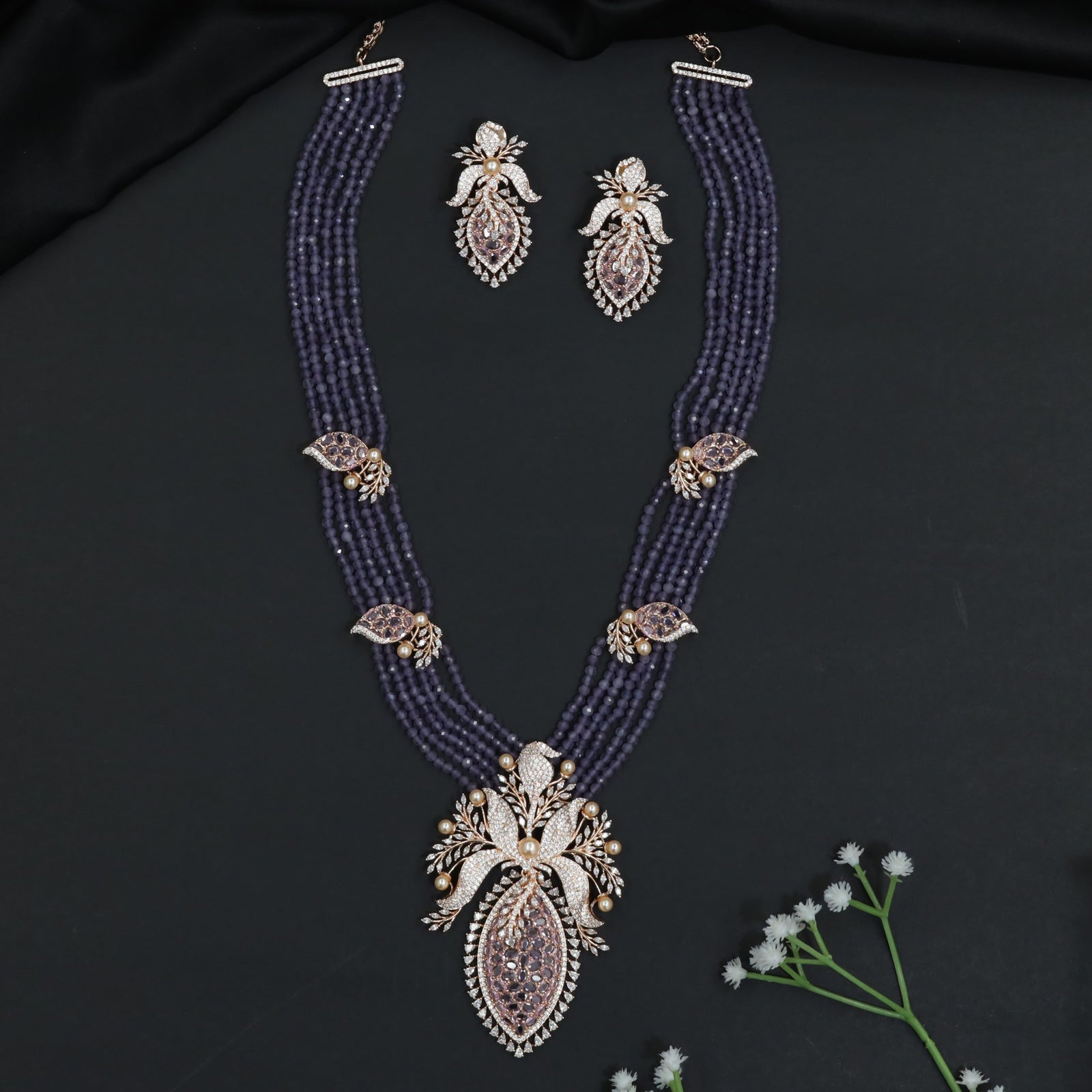 Garden Inspired Rhodium Beads Necklace Set with Ornamental Pendant