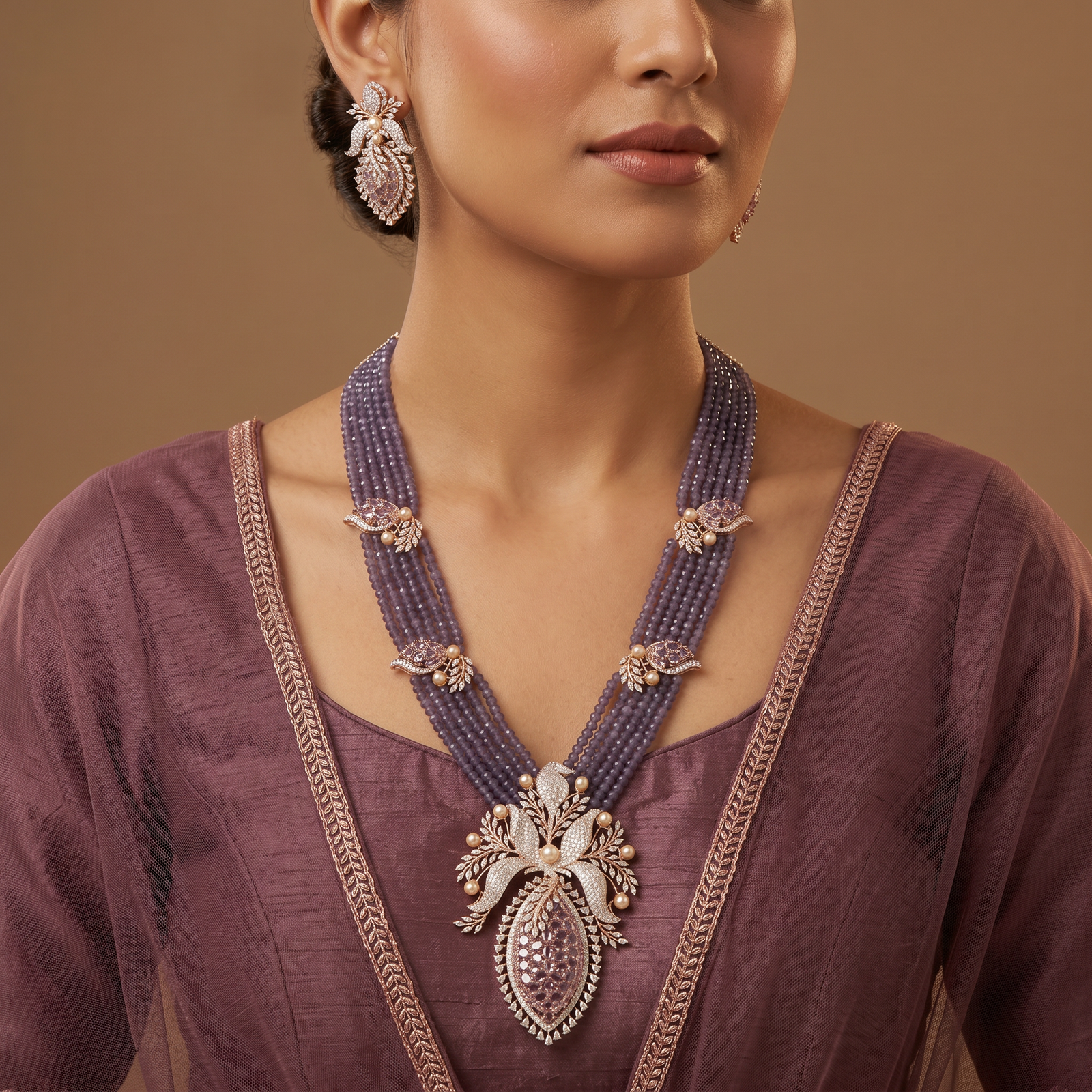 Garden Inspired Rhodium Beads Necklace Set with Ornamental Pendant