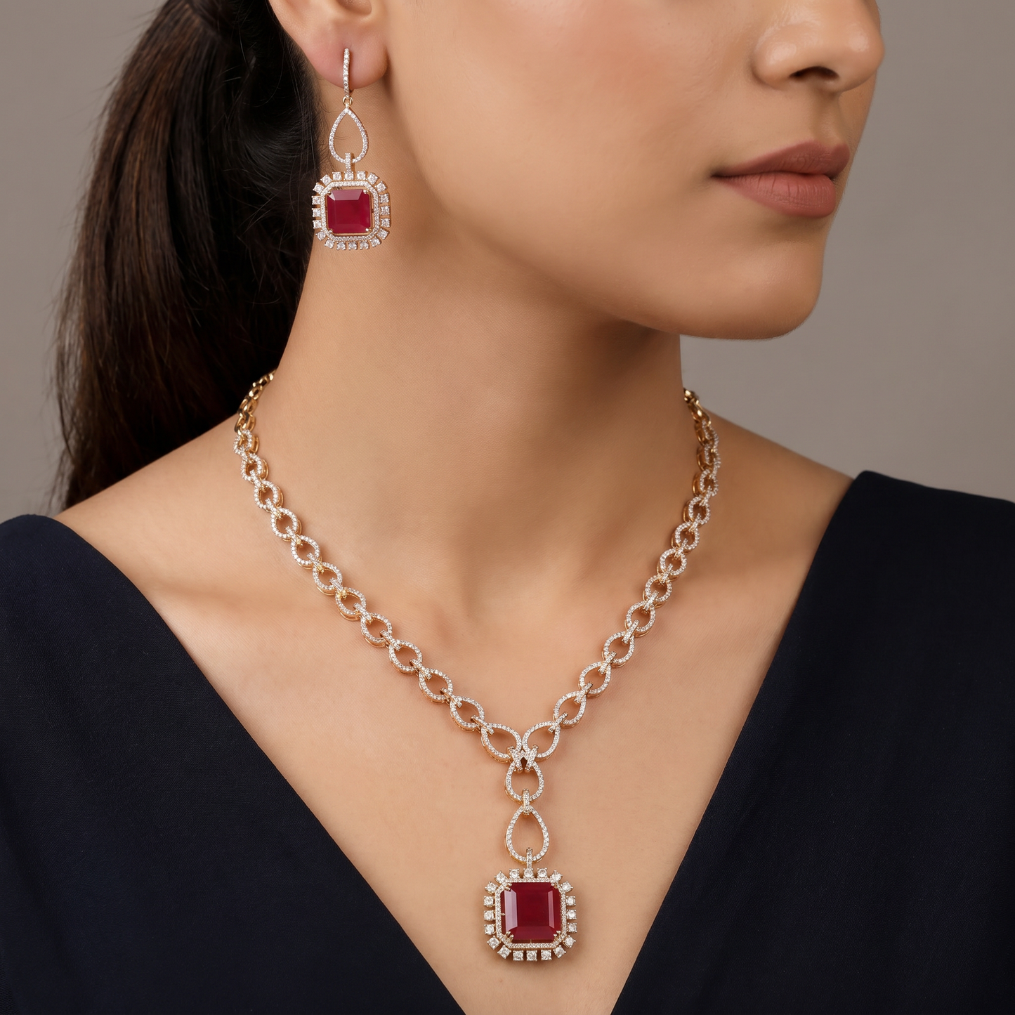 Heritage minimalist single strand bridal Gj necklace featuring a square drop pendant