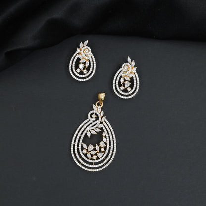 Radiant white stone tiered loop pendant set with matching small vine studs