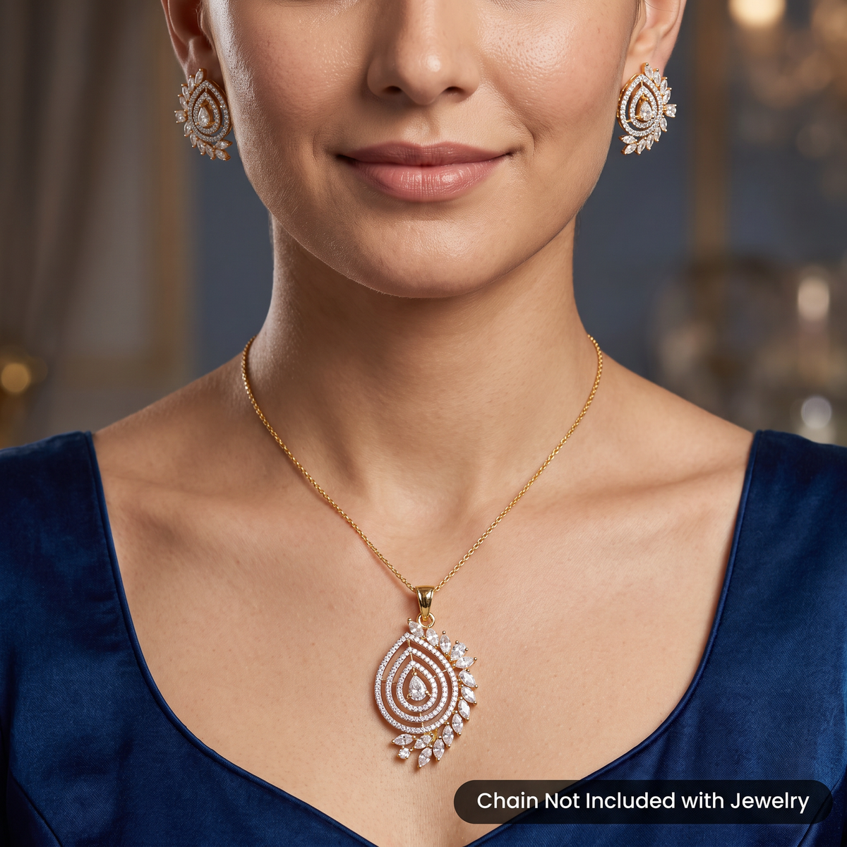 Graceful marquise stone leaf accented pendant set with stone paved top bail