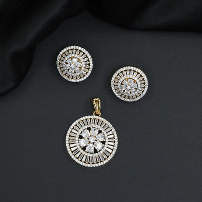 Classic rosette pendant featuring tiered baguette stone wheels and flower core
