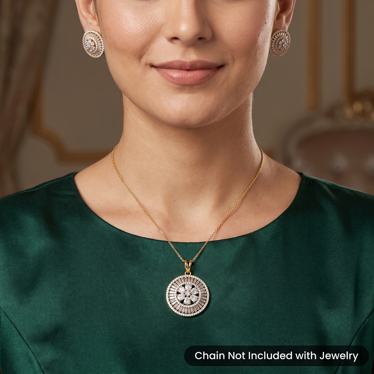 Classic rosette pendant featuring tiered baguette stone wheels and flower core