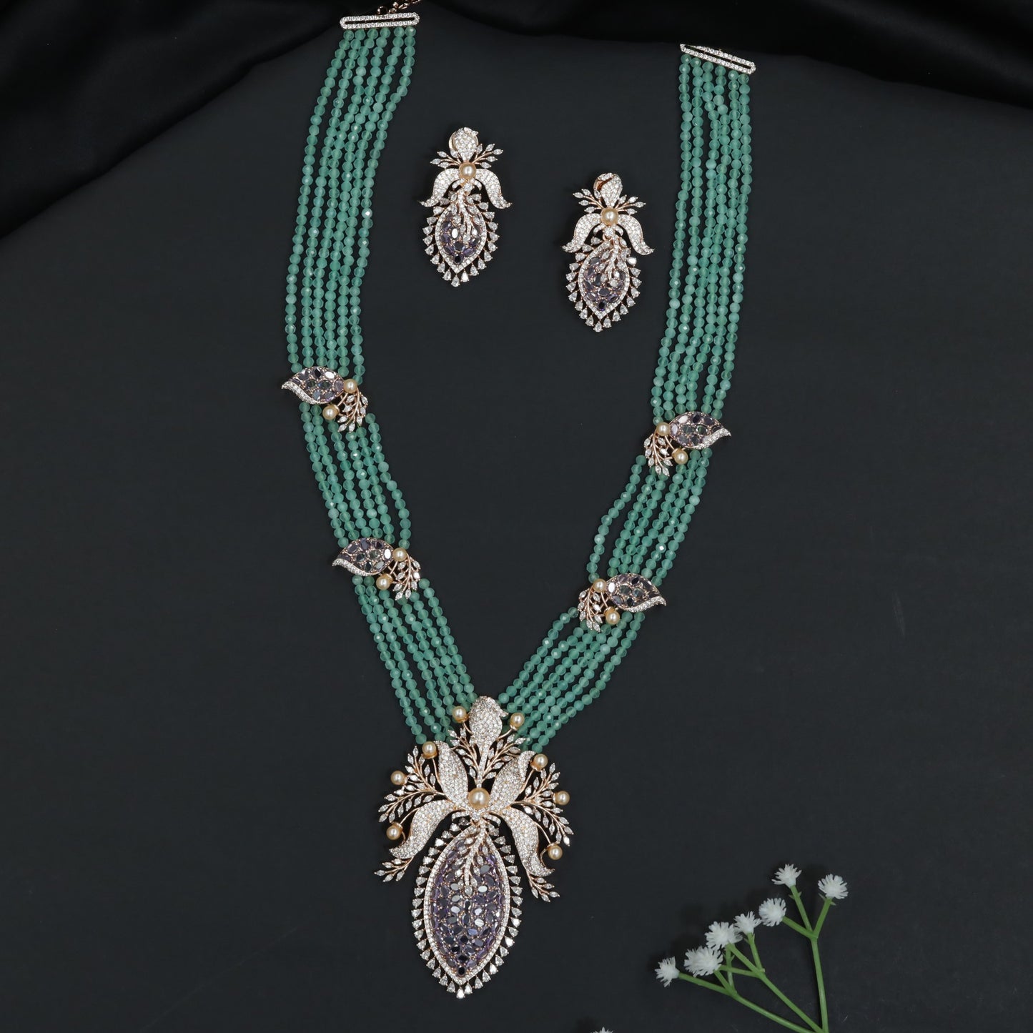 Garden Inspired Rhodium Beads Necklace Set with Ornamental Pendant
