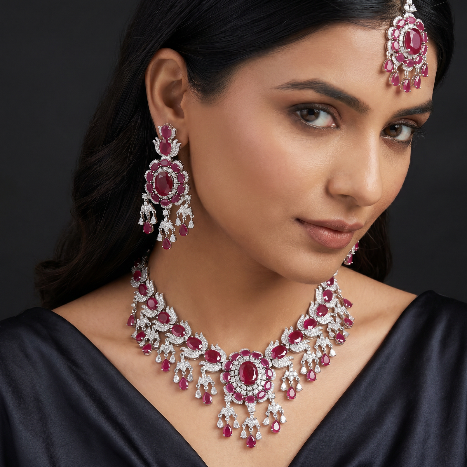 Traditional sweeping tulip motif rhodium necklace set with a central oval rosette drop