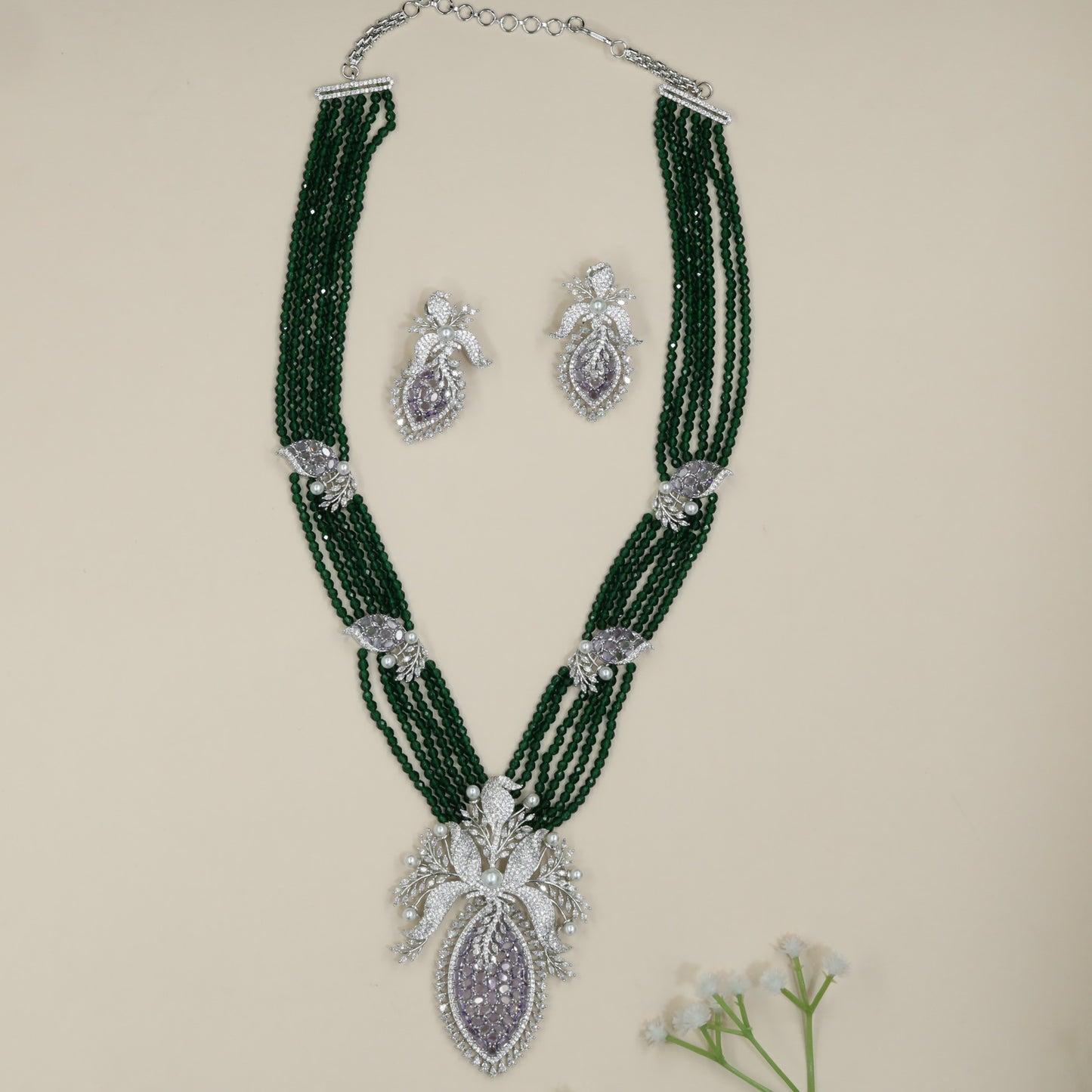 Garden Inspired Rhodium Beads Necklace Set with Ornamental Pendant