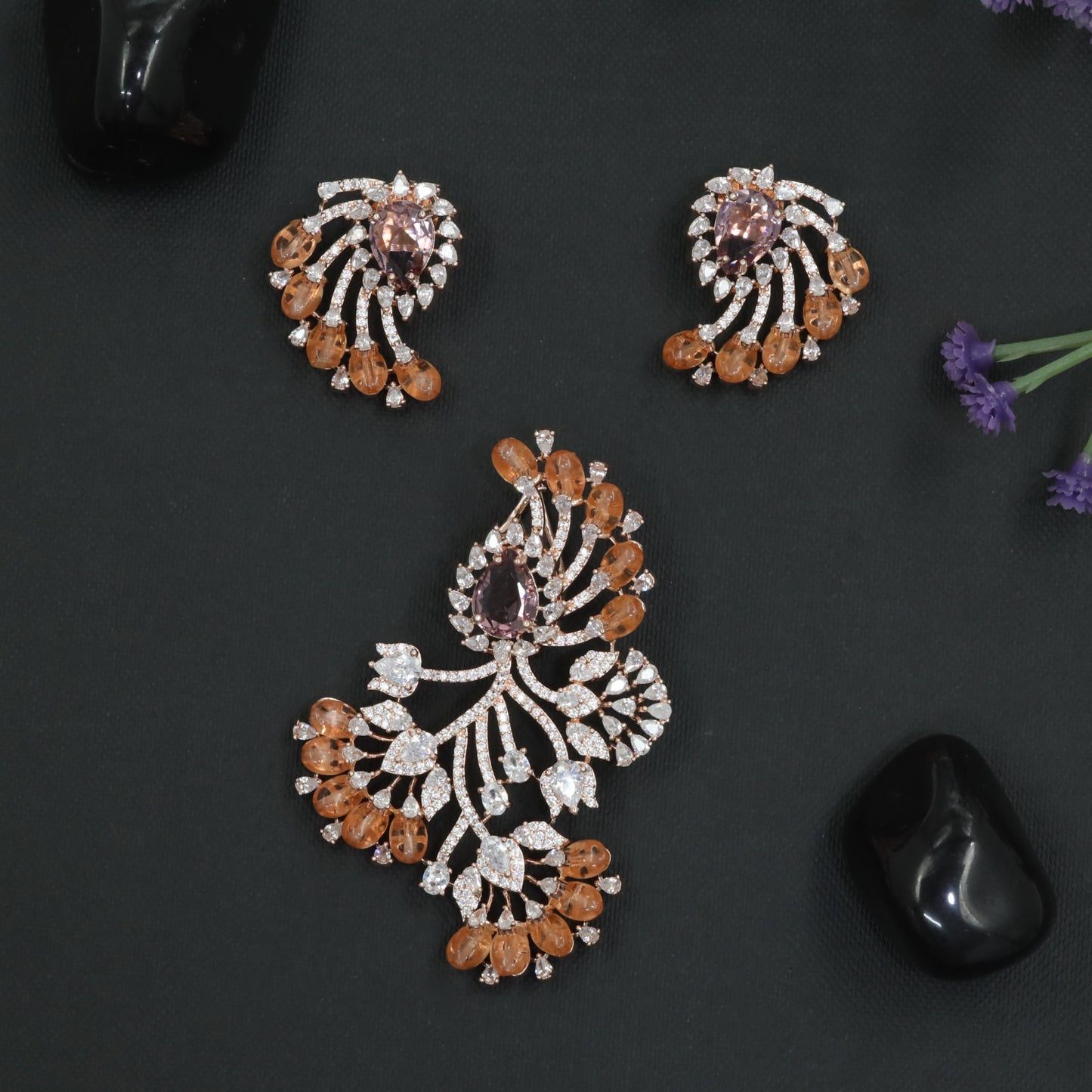 Ornamental Paisley Rose Gold Pendant Set with Radiating Design