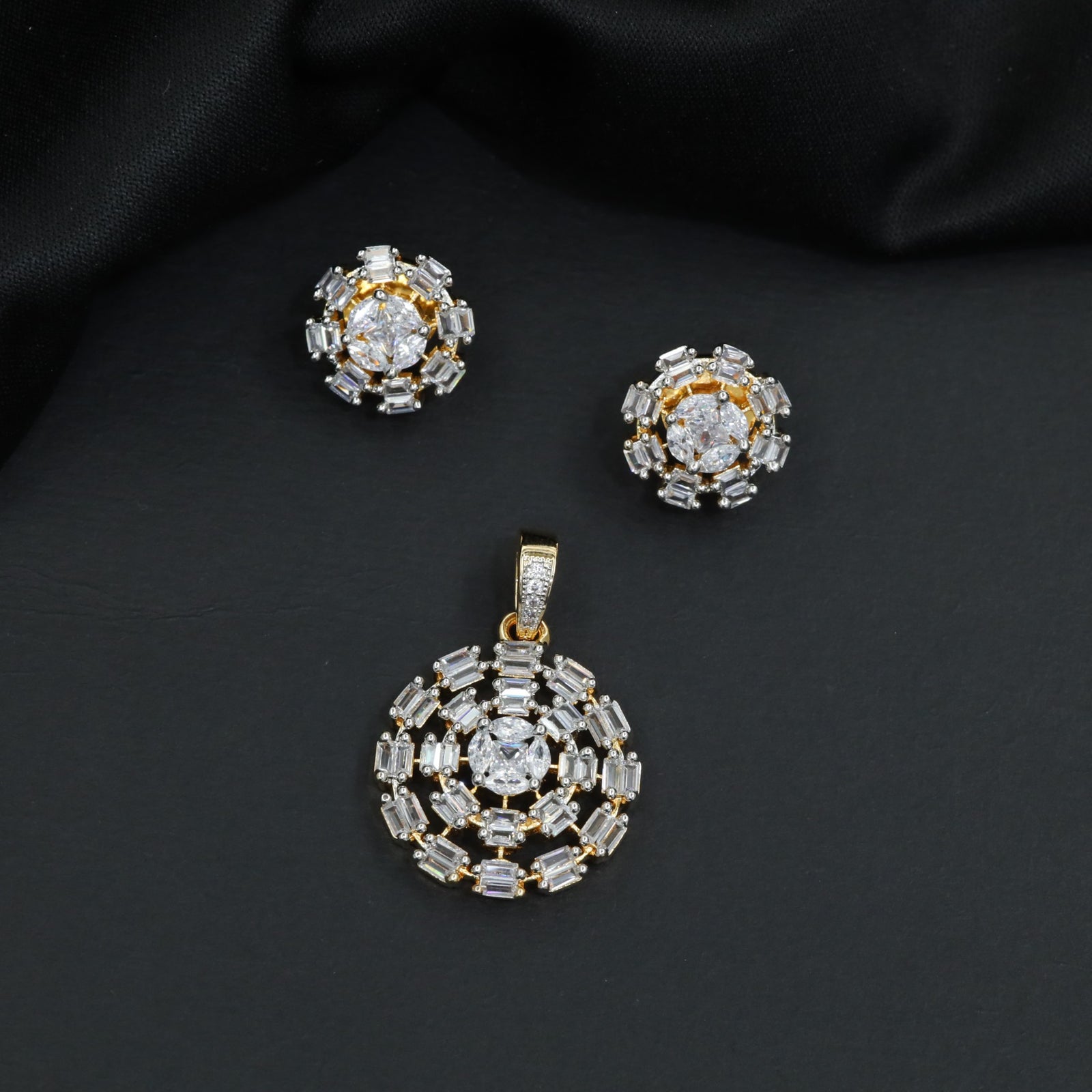 Heritage style white stone sunburst medallion pendant set with delicate matching earrings