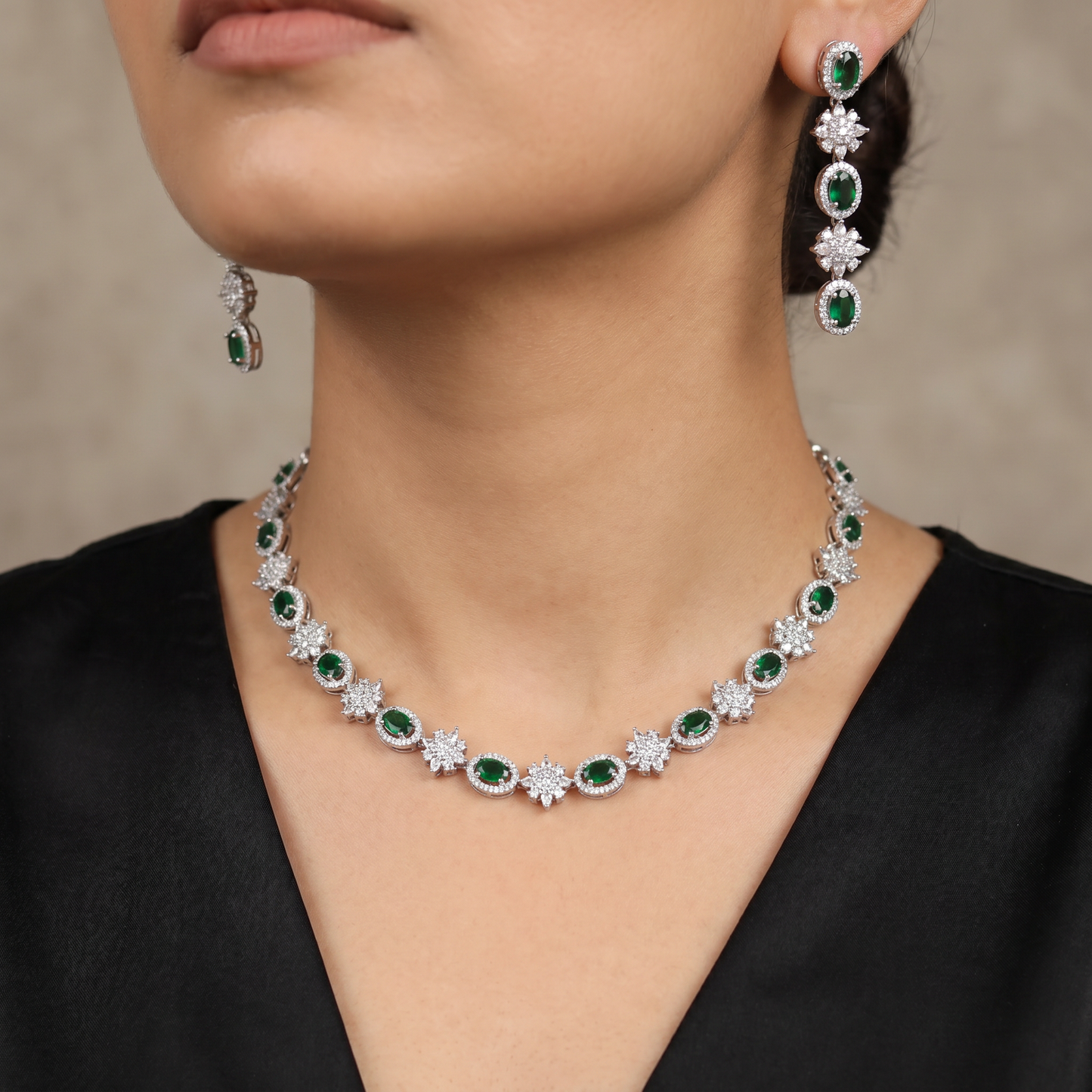 Radiant textured cluster rhodium necklace with dramatic long drop studs