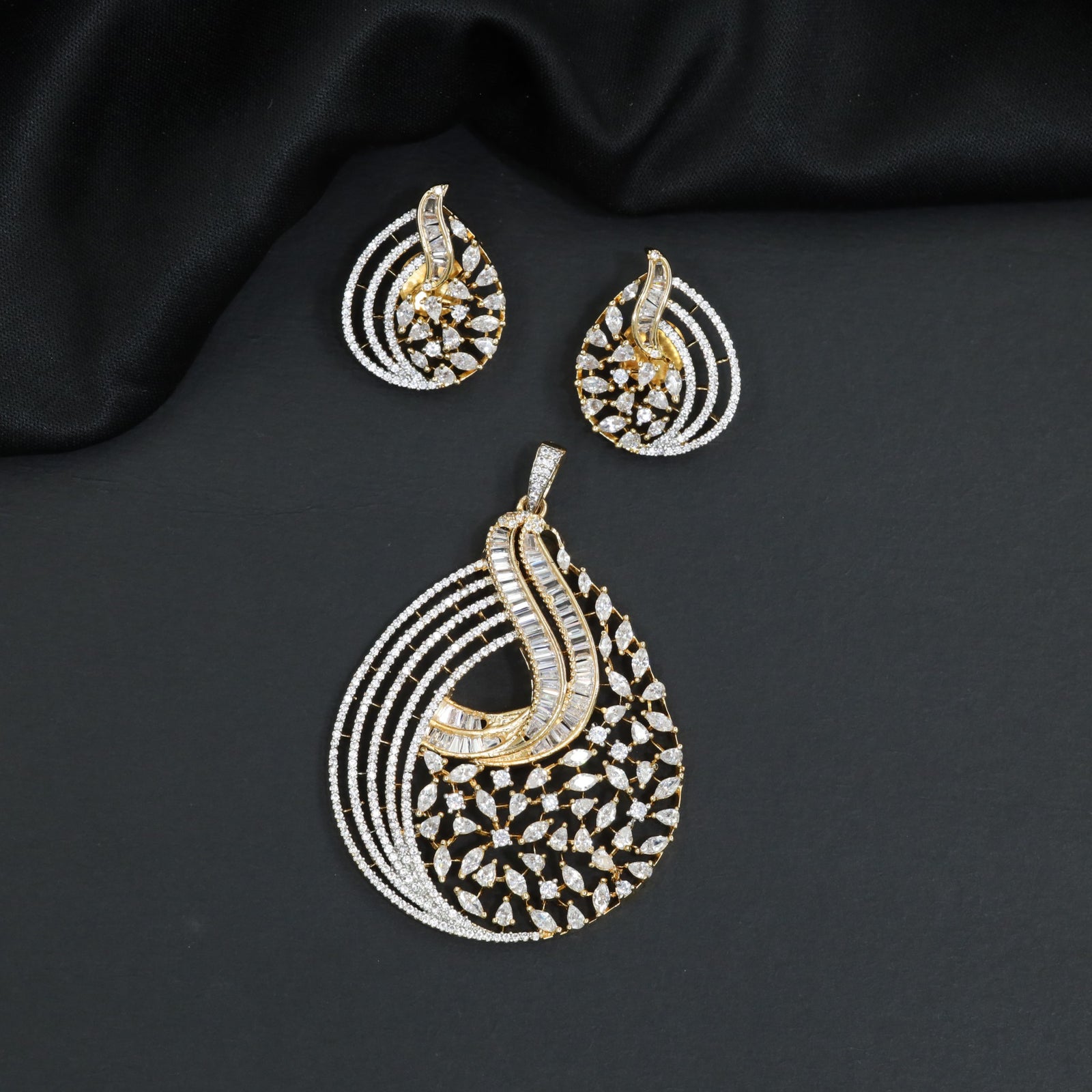 Radiant white stone layered ambi pendant set with matching small studs
