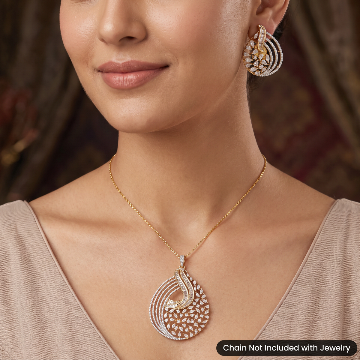 Radiant white stone layered ambi pendant set with matching small studs
