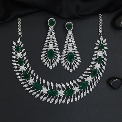 Traditional cascading marquise leaf rhodium necklace set with starburst clusters