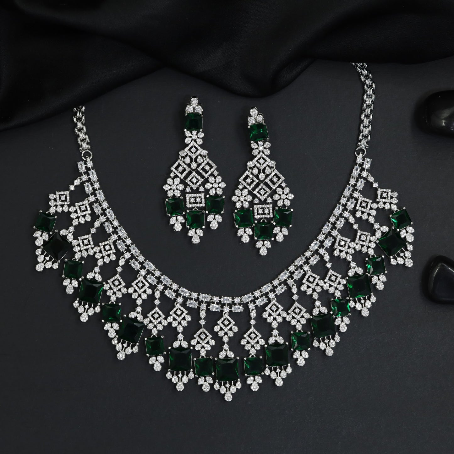 Heritage square plaque bridal rhodium necklace featuring cascading diamond frames