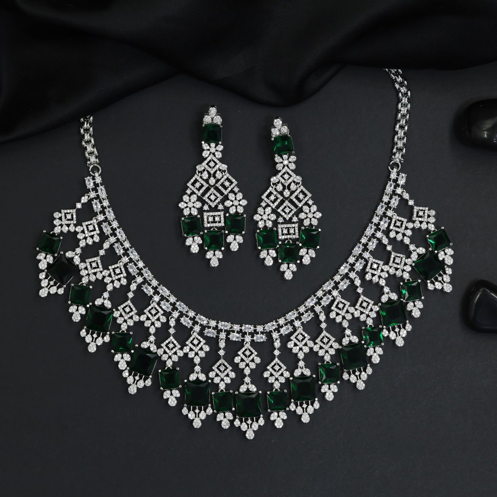 Heritage square plaque bridal rhodium necklace featuring cascading diamond frames