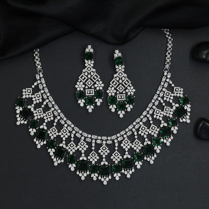 Heritage square plaque bridal rhodium necklace featuring cascading diamond frames
