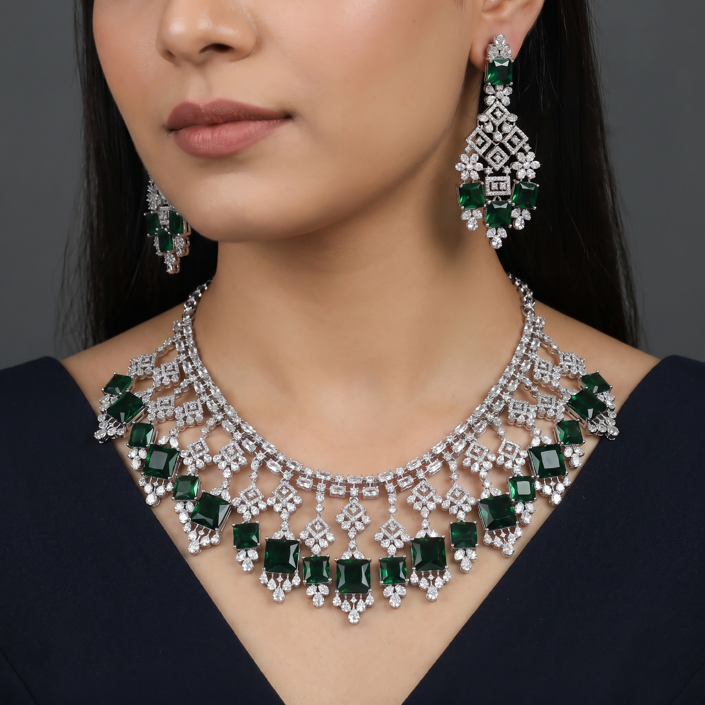 Heritage square plaque bridal rhodium necklace featuring cascading diamond frames