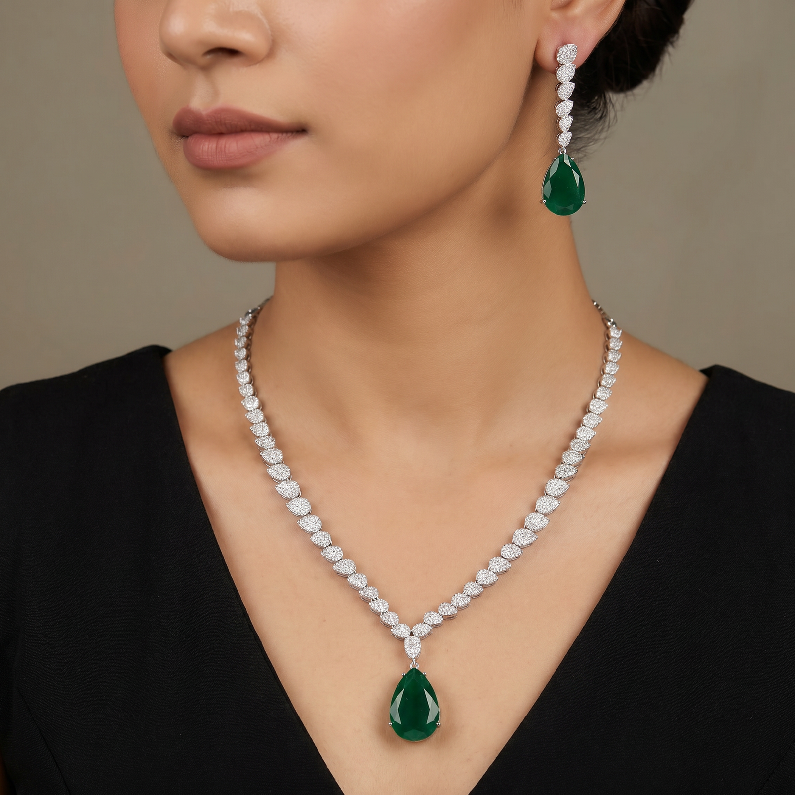 Classic delicate teardrop pendant rhodium necklace with a slim geometric chain
