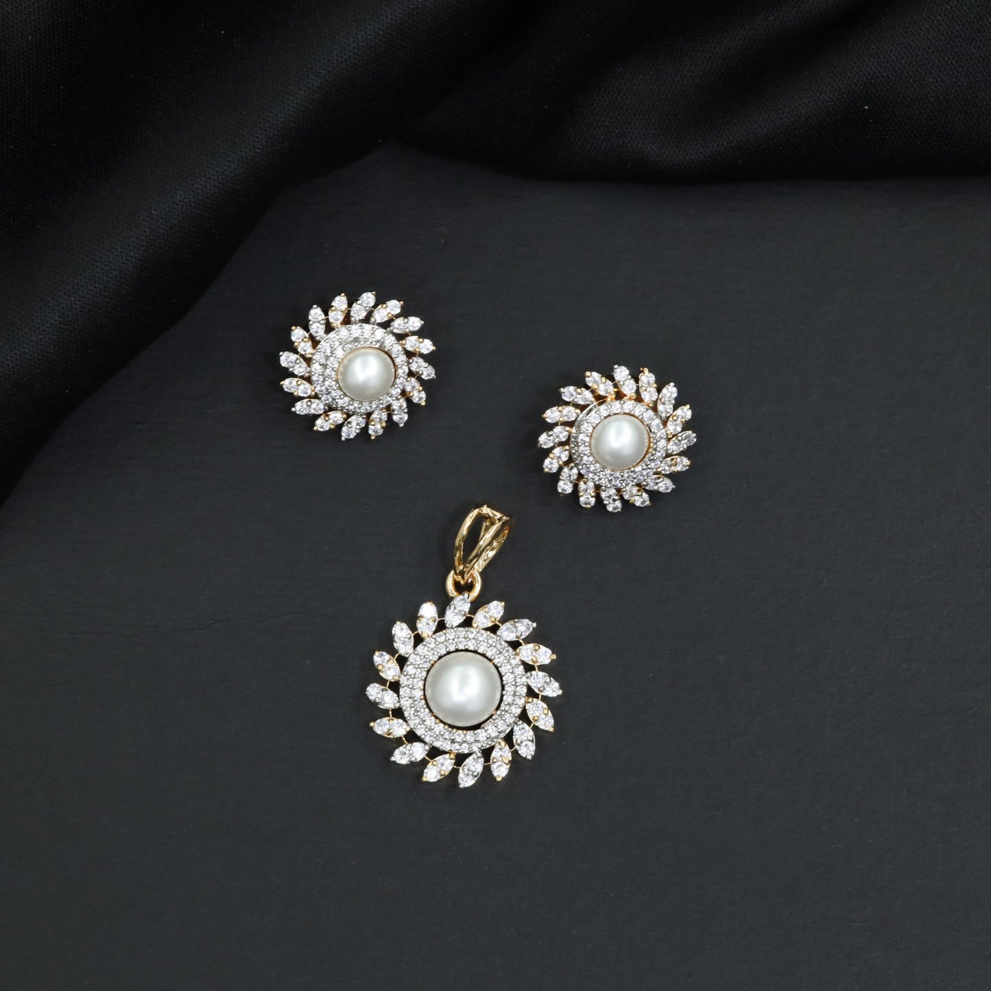 Antique style cz stone and round pearl pendant earring set