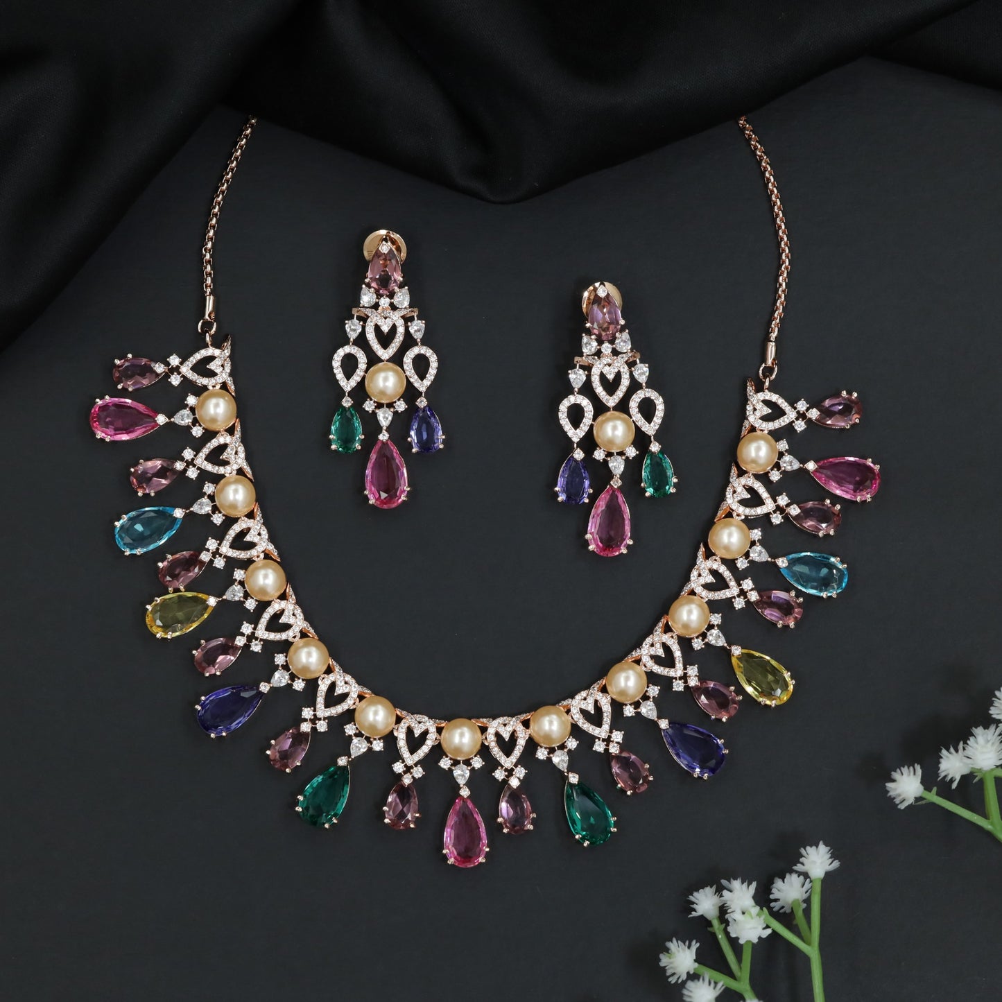 Pearl Fringe Crystal Rose Gold Necklace Set with Teardrop Accents
