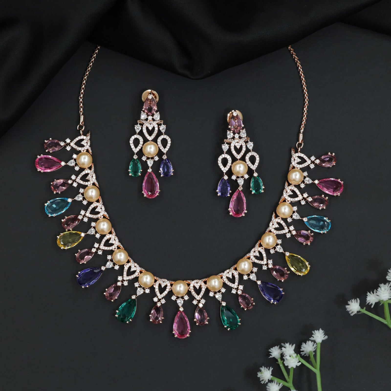 Pearl Fringe Crystal Rose Gold Necklace Set with Teardrop Accents