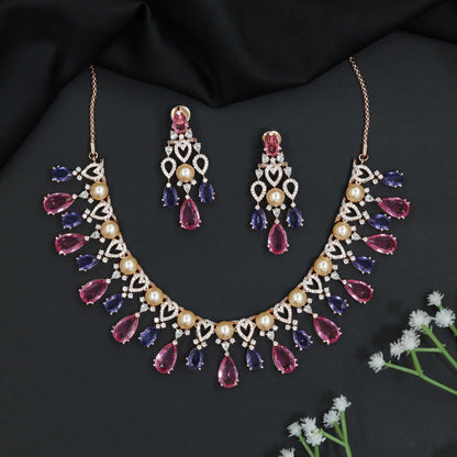 Pearl Fringe Crystal Rose Gold Necklace Set with Teardrop Accents