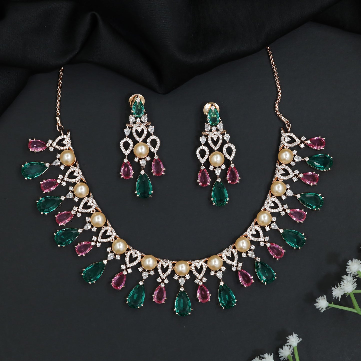 Pearl Fringe Crystal Rose Gold Necklace Set with Teardrop Accents