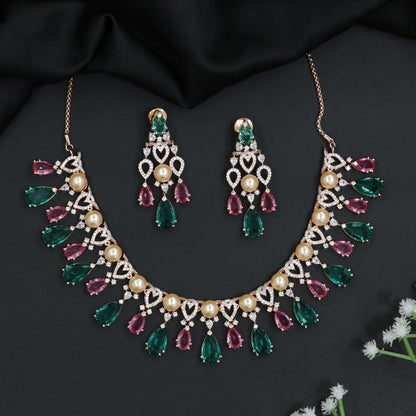 Pearl Fringe Rose Gold Necklace Set with Teardrops