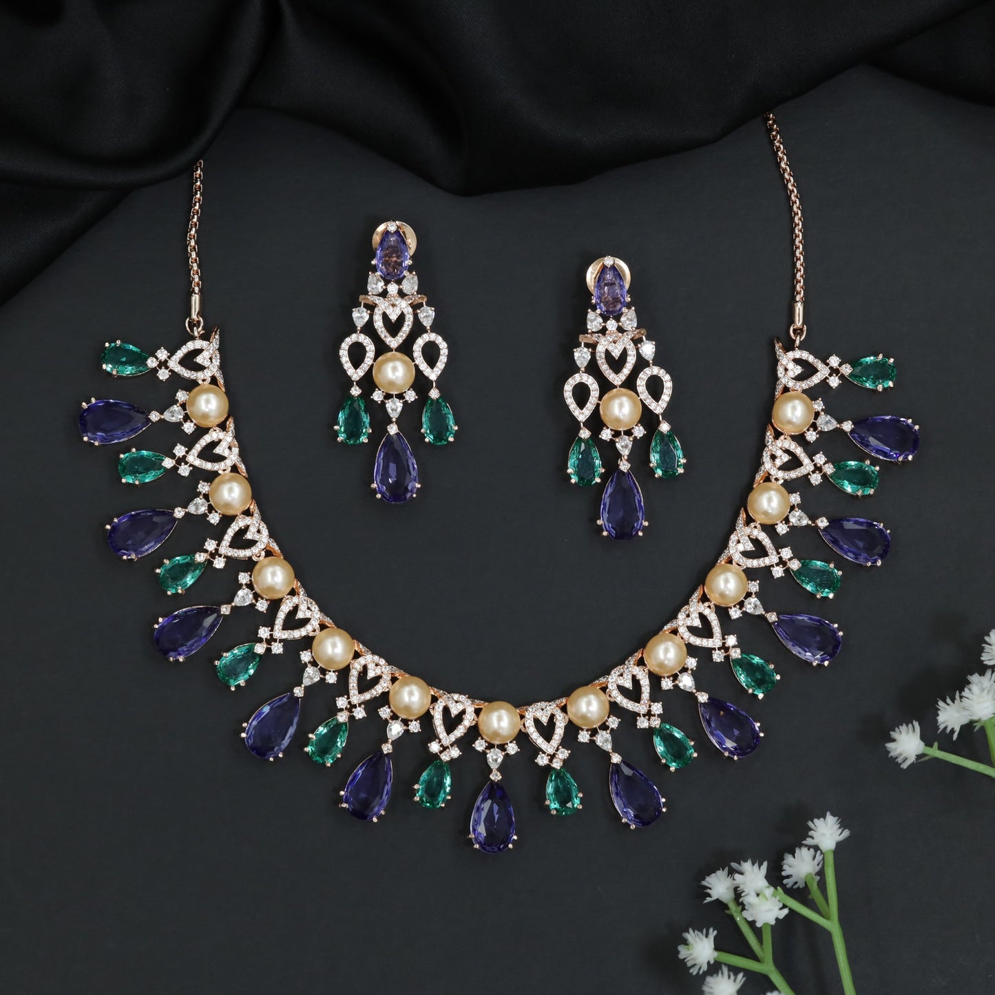 Pearl Fringe Crystal Rose Gold Necklace Set with Teardrop Accents