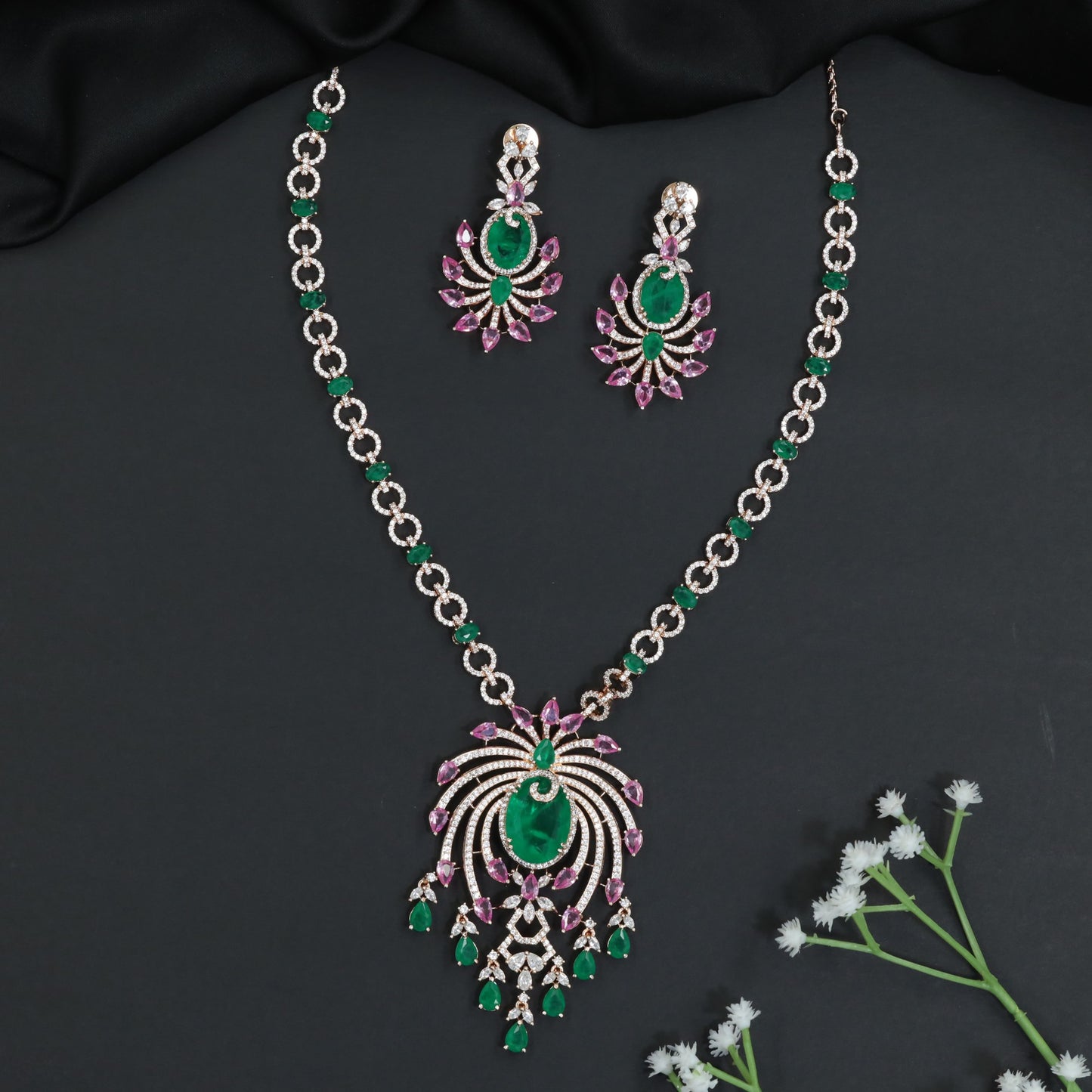 Crescent Motif Crystal Rose Gold Long Haara Set with Dangling Drops