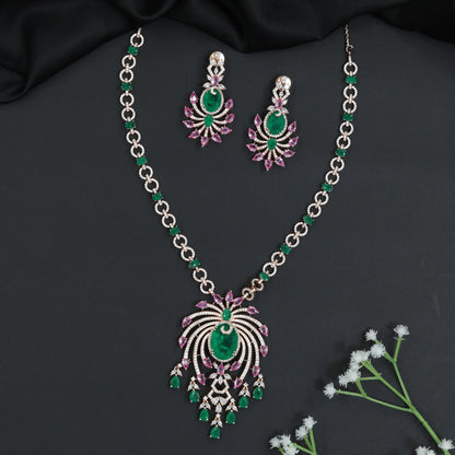 Crescent Motif Crystal Rose Gold Long Haara Set with Dangling Drops