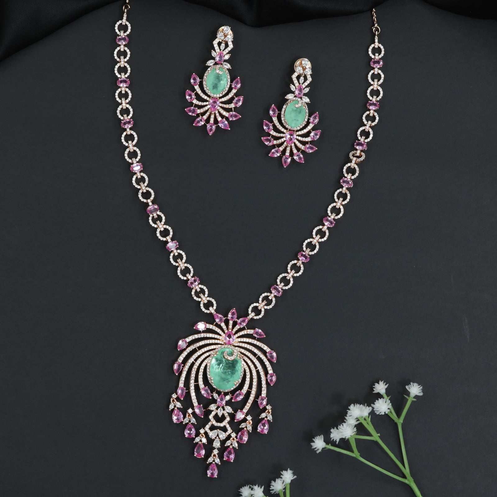 Crescent Motif Crystal Rose Gold Long Haara Set with Dangling Drops