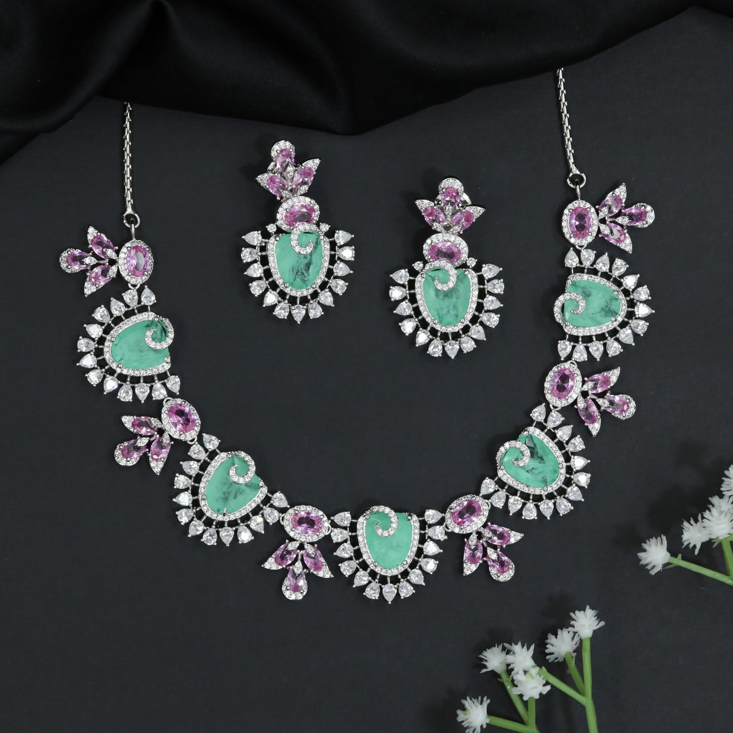 Paisley Bloom Rhodium Necklace Set with Floral Motifs
