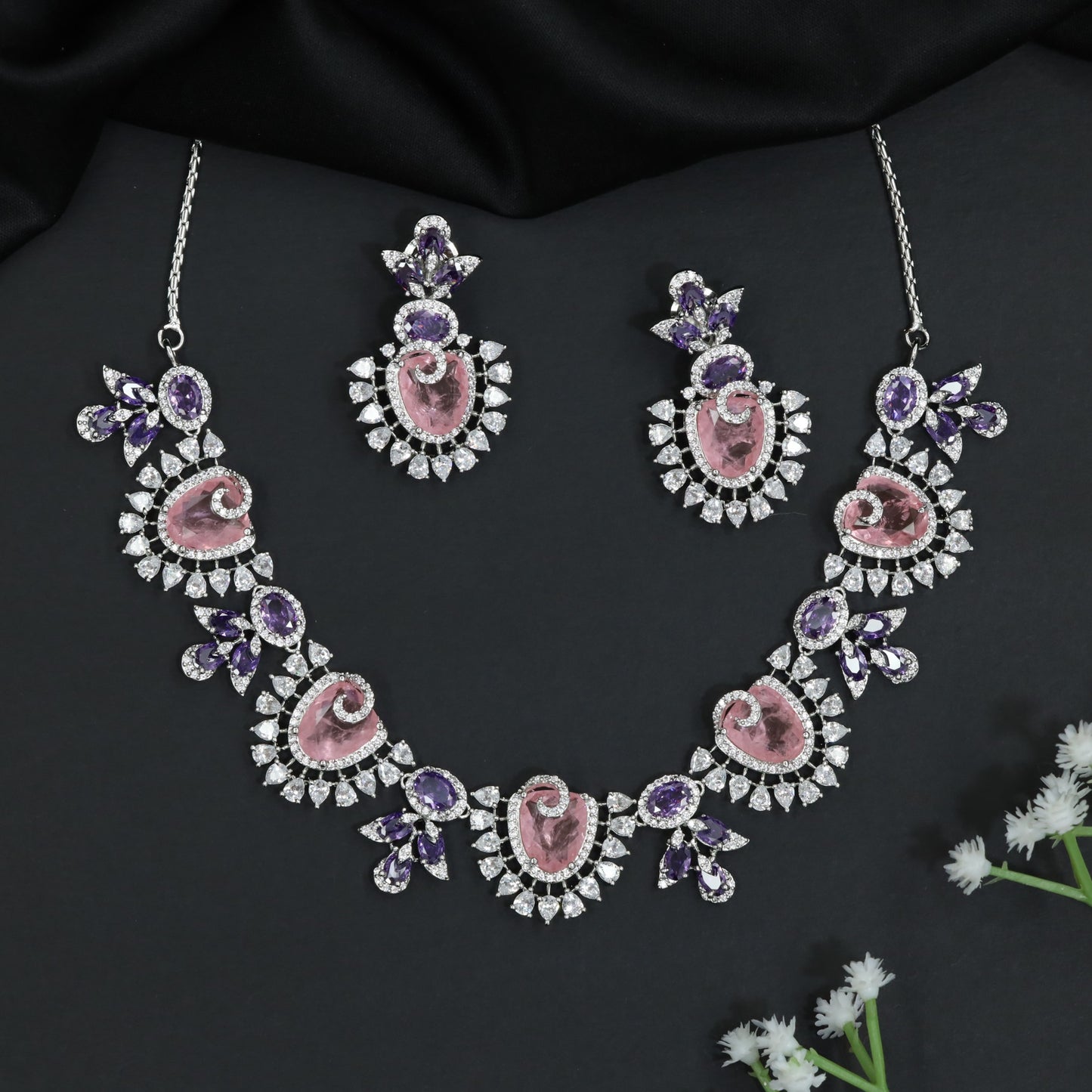 Paisley Bloom Rhodium Necklace Set with Floral Motifs