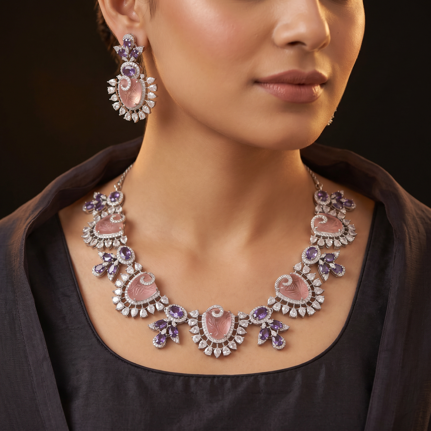 Paisley Bloom Rhodium Necklace Set with Floral Motifs