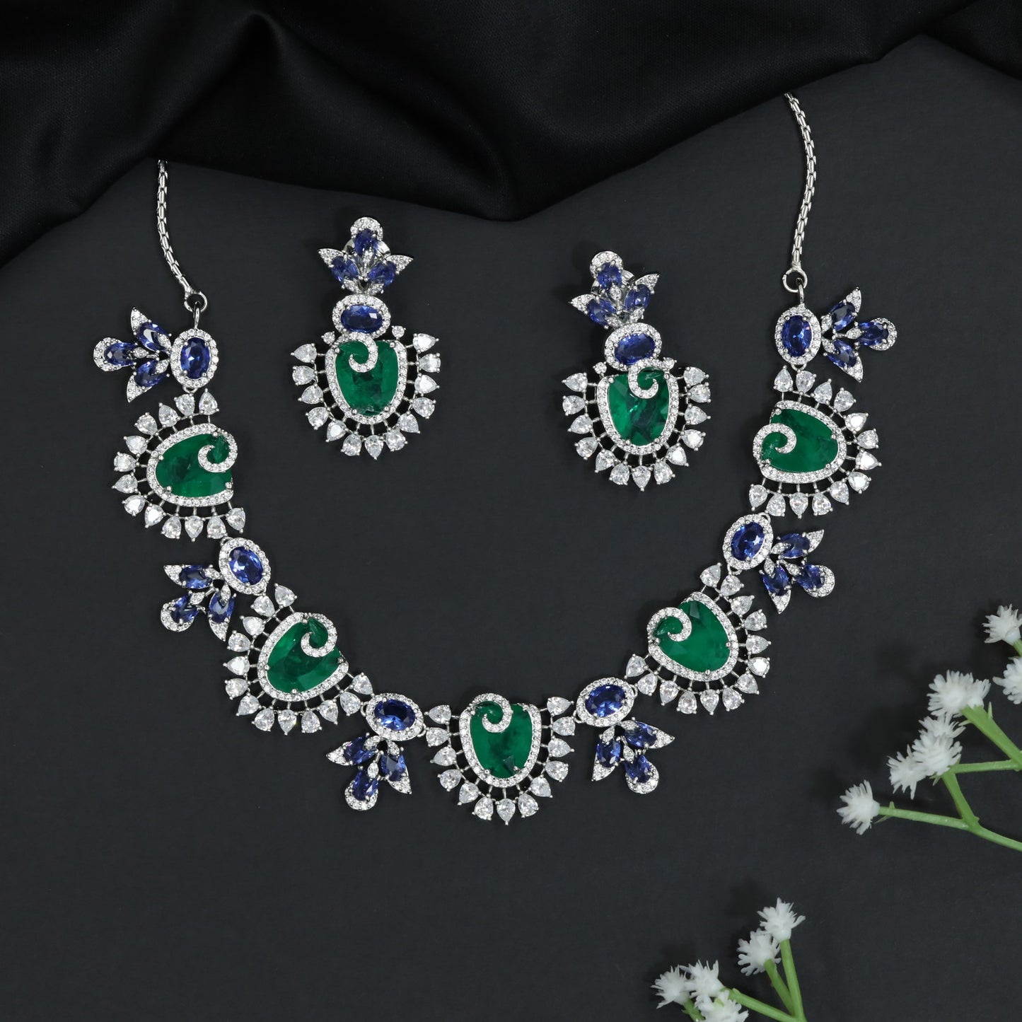 Paisley Bloom Rhodium Necklace Set with Floral Motifs