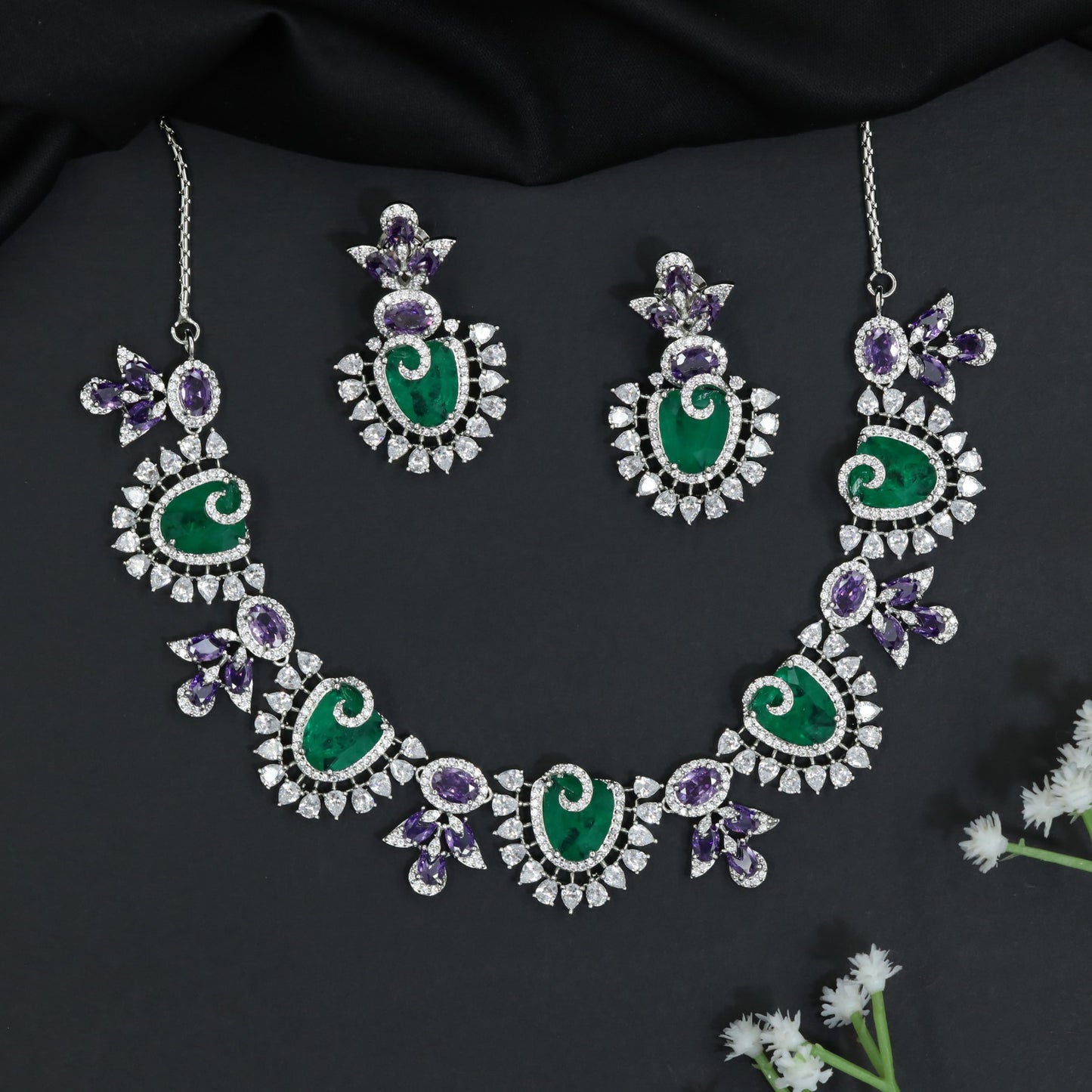 Paisley Bloom Rhodium Necklace Set with Floral Motifs