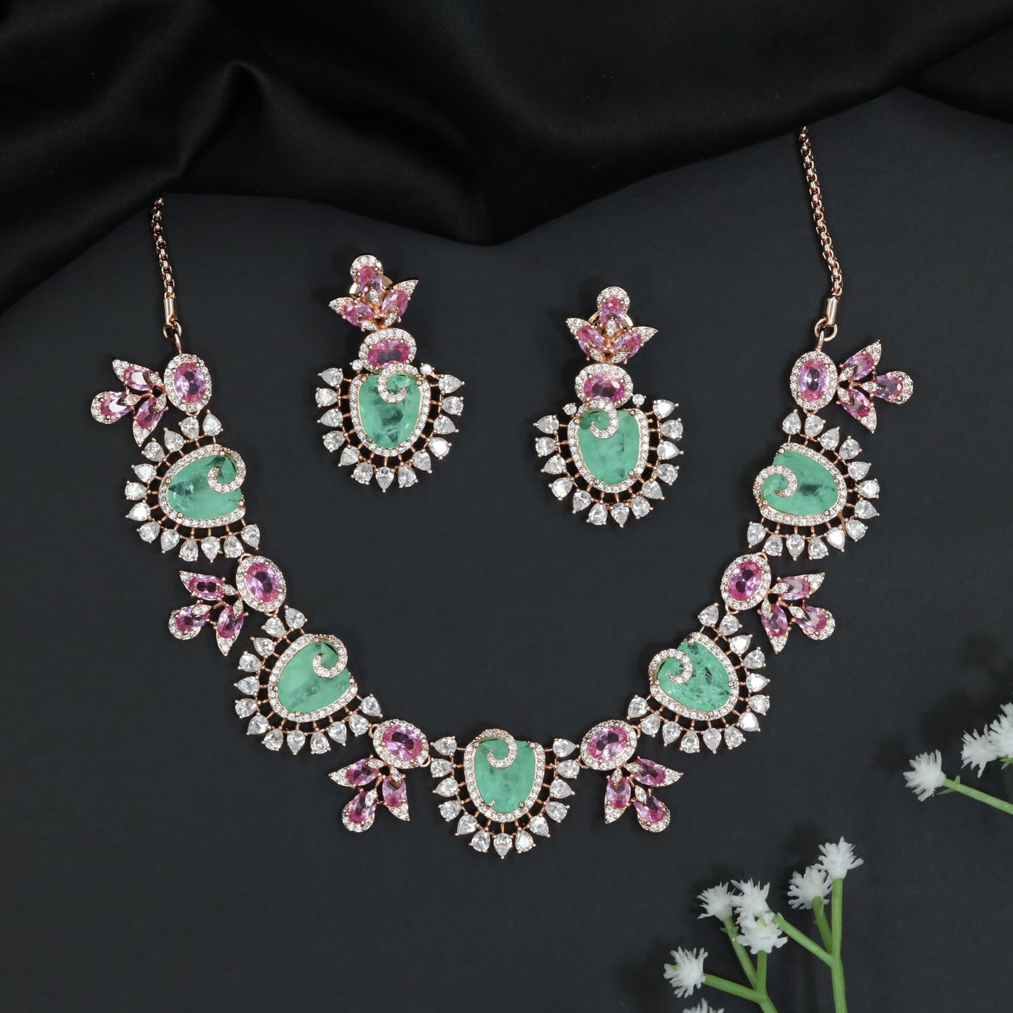 Paisley Bloom Rhodium Necklace Set with Floral Motifs