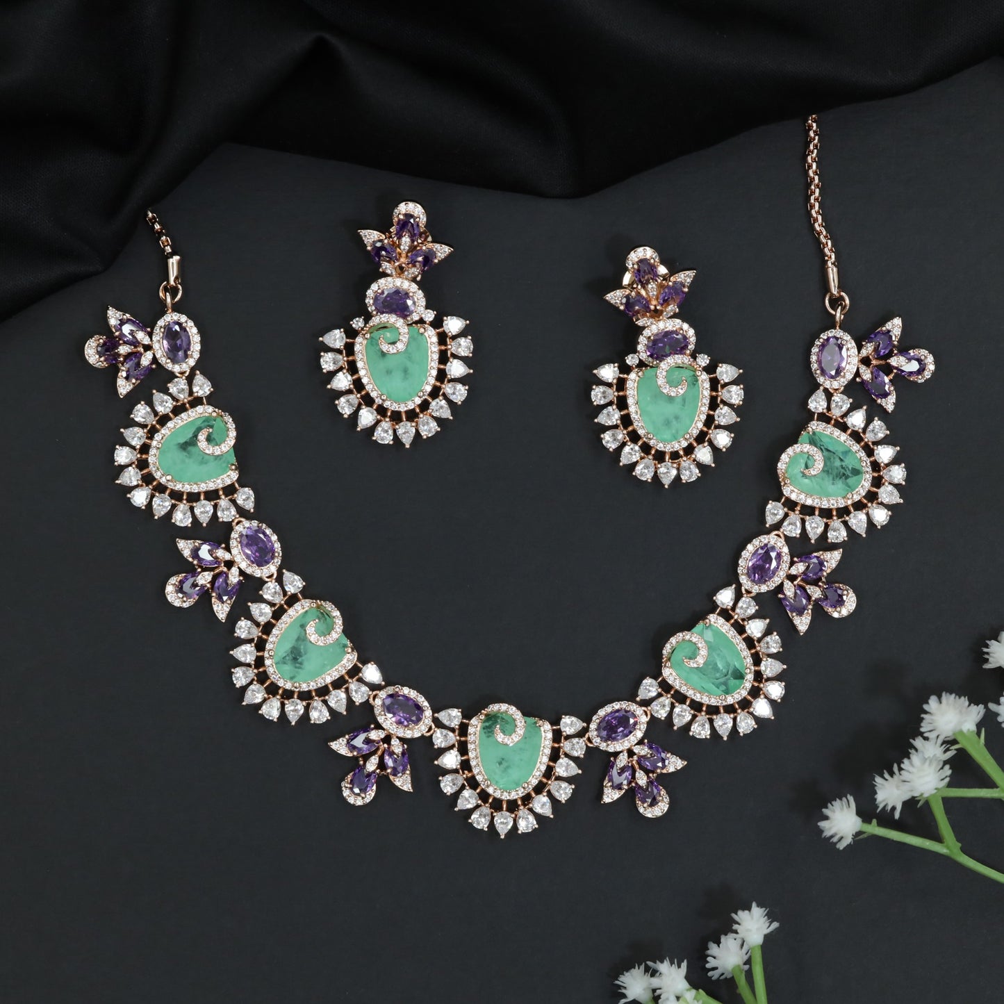 Paisley Bloom Rhodium Necklace Set with Floral Motifs