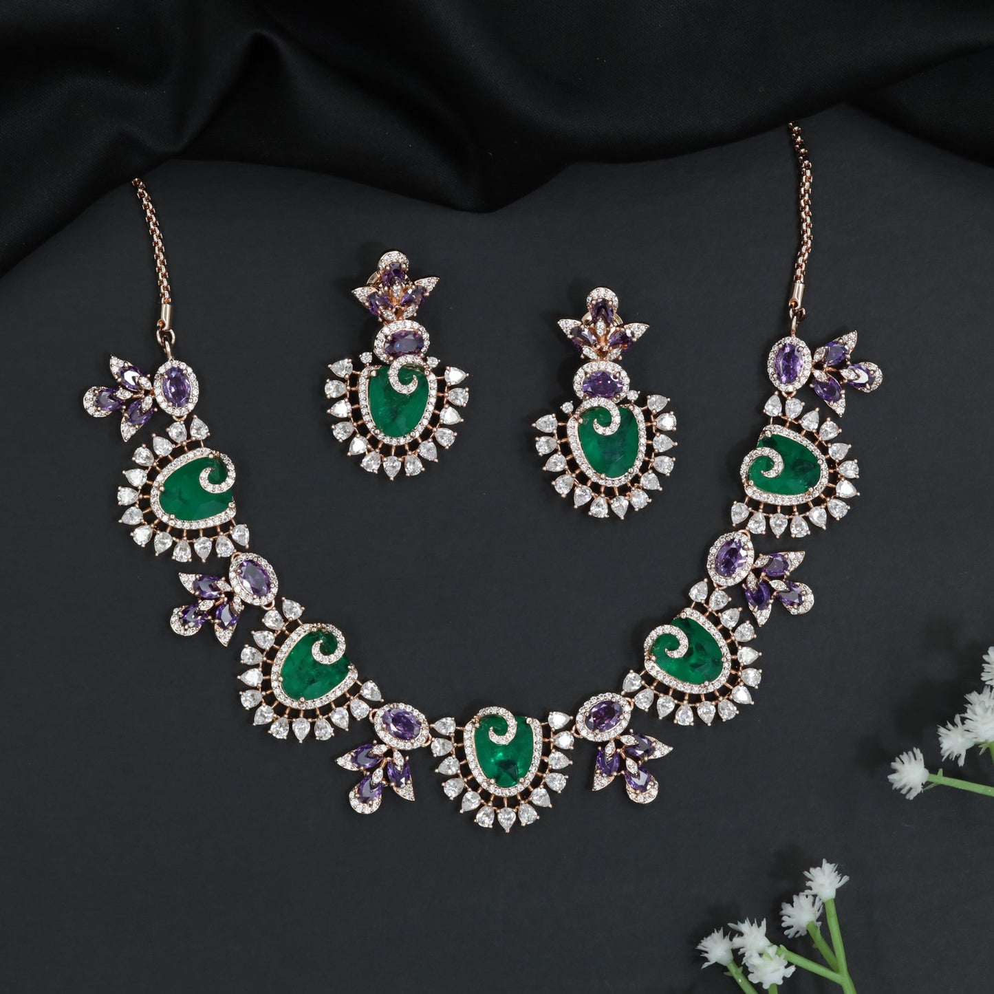 Paisley Bloom Rhodium Necklace Set with Floral Motifs