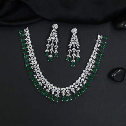 Modern heritage rhodium necklace set with articulated drop formation